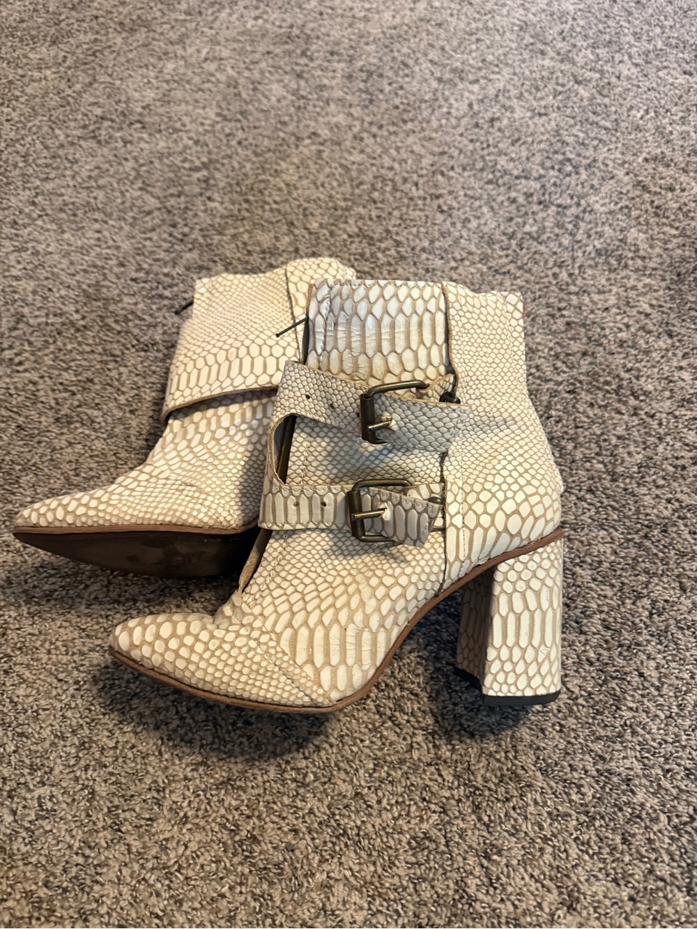 freebird Cream Snake-Embossed Double Buckle Block Heel Ankle Boots